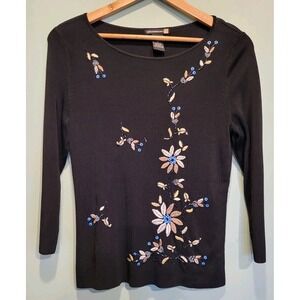 Vtg SweaterWorks Black Floral Embroidered Beaded Stretch Knit Top Sz M